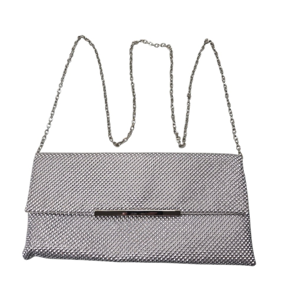 INC Hether Shiny Mesh Women's Clutch Purse‎ Pouch Metallic Silver Chain Strap